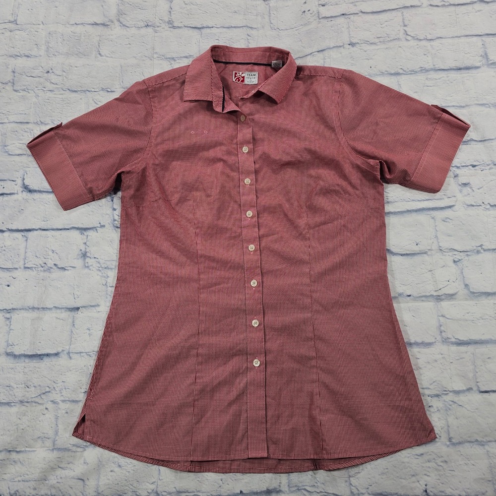 Chick-fil-A Oobe Shirt WOMEN M Red Micro-Check Short Sleeve Button Down Uniform